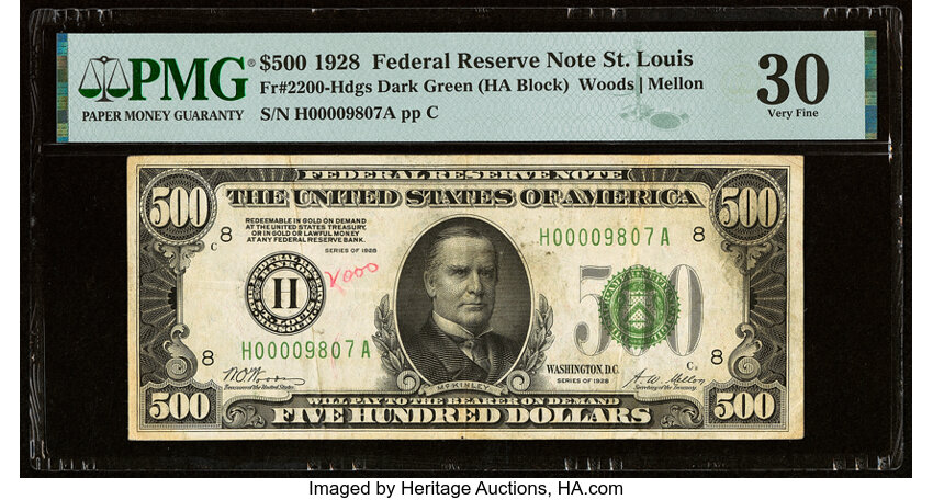 image for: Fr. 2200-H $500 1928 Federal Reserve Note. PMG Very Fine 30....
