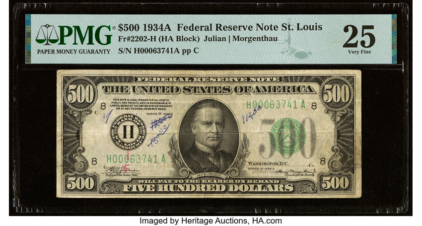 image for: Fr. 2202-H $500 1934A Federal Reserve Note. PMG Very Fine 25....
