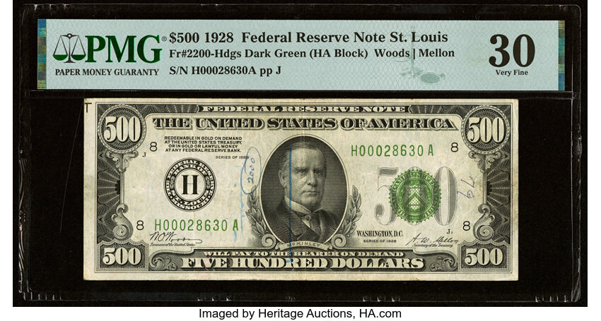 image for: Fr. 2200-H $500 1928 Federal Reserve Note. PMG Very Fine 30....