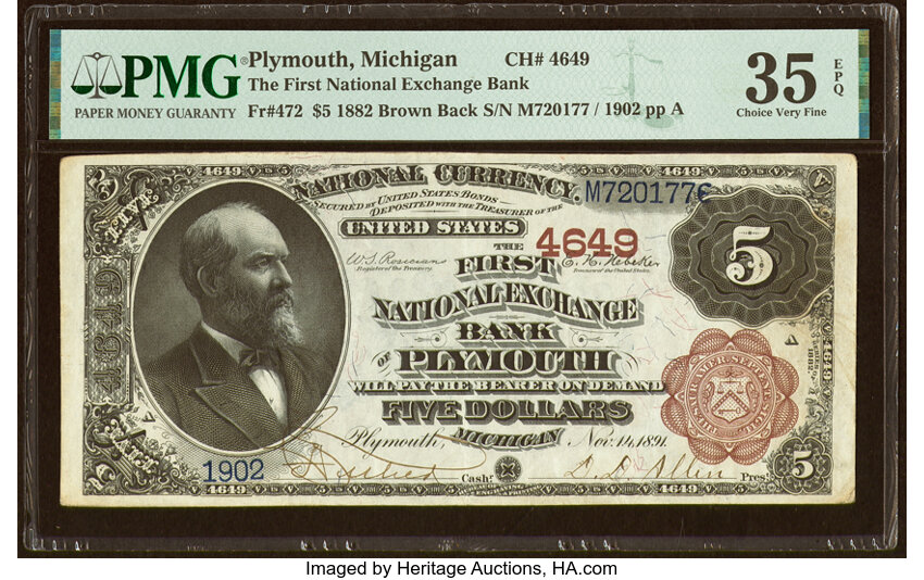 image for: Plymouth, MI - $5 1882 Brown Back Fr. 472 The First National Exchange Bank Ch. # 4649 PMG Choice Very Fine 35 EPQ....