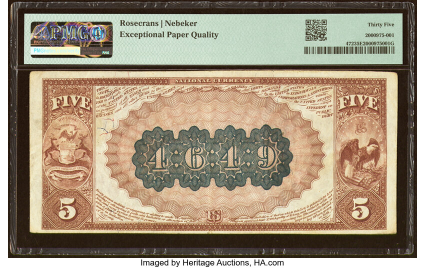 image for: Plymouth, MI - $5 1882 Brown Back Fr. 472 The First National Exchange Bank Ch. # 4649 PMG Choice Very Fine 35 EPQ....
