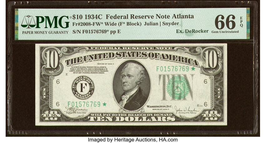 image for: Fr. 2008-F* $10 1934C Wide Federal Reserve Star Note. PMG Gem Uncirculated 66 EPQ....