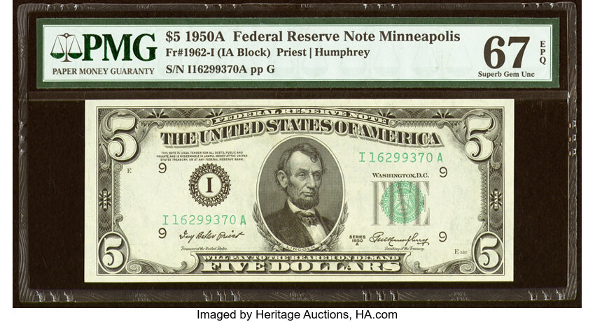 image for: Fr. 1962-I $5 1950A Federal Reserve Note. PMG Superb Gem Unc 67 EPQ....