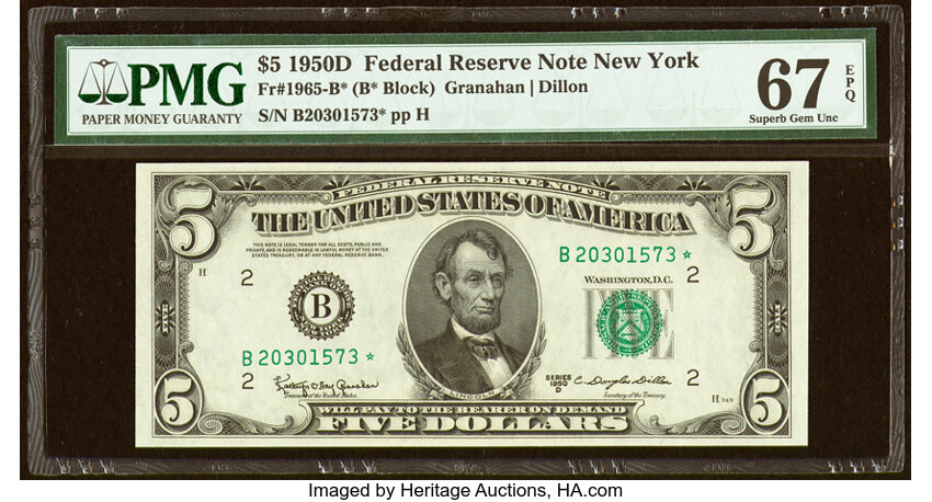 image for: Fr. 1965-B* $5 1950D Federal Reserve Star Note. PMG Superb Gem Unc 67 EPQ....