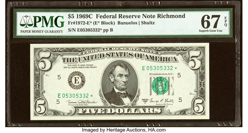 image for: Fr. 1972-E* $5 1969C Federal Reserve Star Note. PMG Superb Gem Unc 67 EPQ....