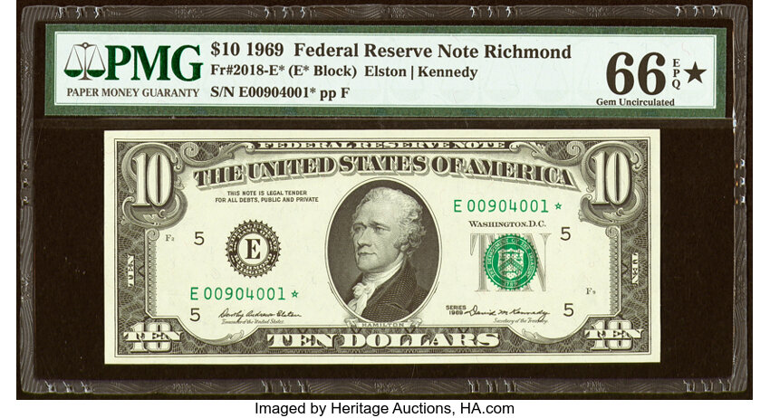 image for: Fr. 2018-E* $10 1969 Federal Reserve Star Note. PMG Gem Uncirculated 66 EPQ*....