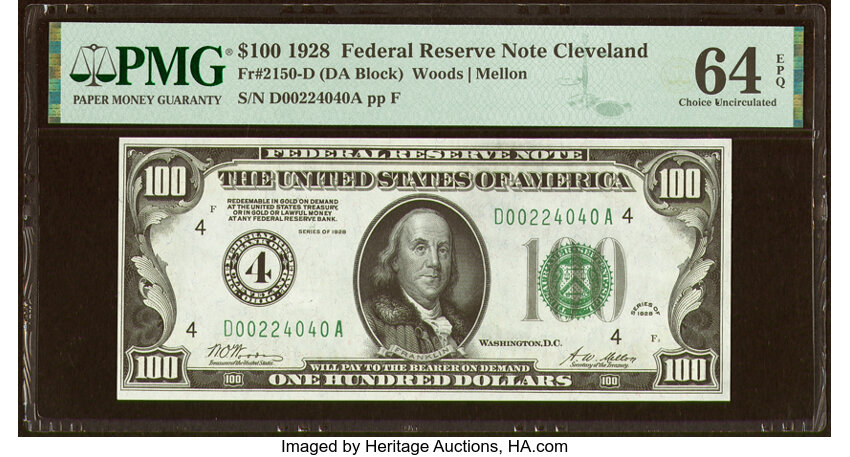 image for: Fr. 2150-D $100 1928 Federal Reserve Note. PMG Choice Uncirculated 64 EPQ....