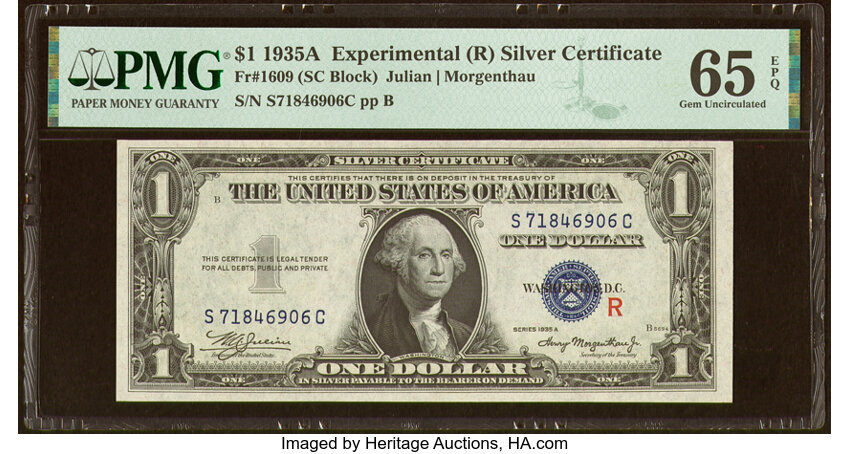 image for: Fr. 1609 $1 1935A R Silver Certificate. PMG Gem Uncirculated 65 EPQ....