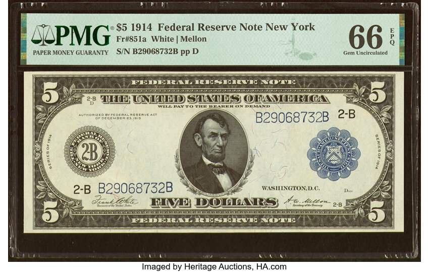 image for: Fr. 851a $5 1914 Federal Reserve Note PMG Gem Uncirculated 66 EPQ....