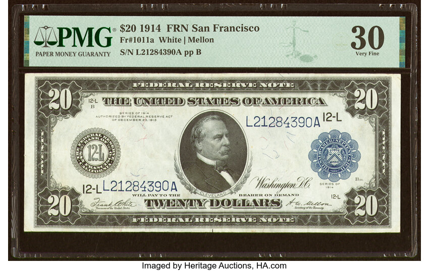image for: Fr. 1011a $20 1914 Federal Reserve Note PMG Very Fine 30....