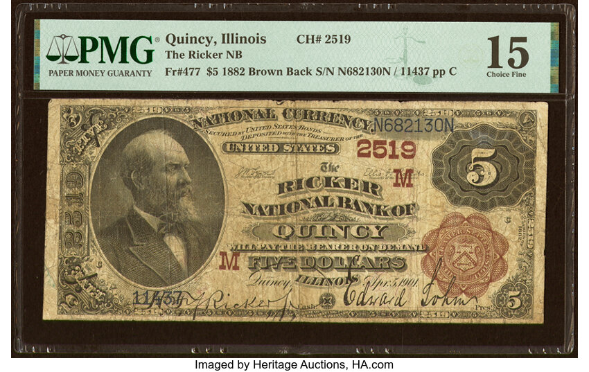 image for: Quincy, IL - $5 1882 Brown Back Fr. 477 The Ricker National Bank Ch. # (M)2519 PMG Choice Fine 15....
