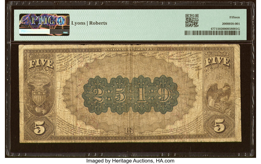 image for: Quincy, IL - $5 1882 Brown Back Fr. 477 The Ricker National Bank Ch. # (M)2519 PMG Choice Fine 15....