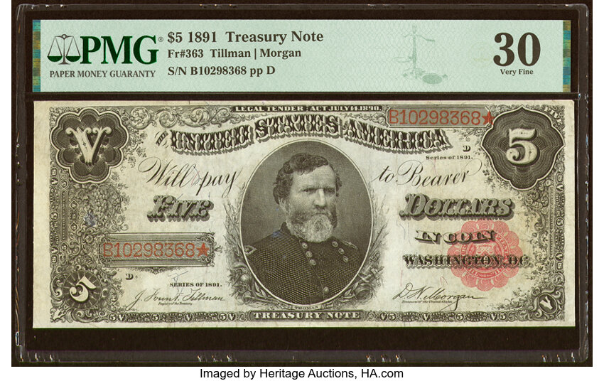 image for: Fr. 363 $5 1891 Treasury Note PMG Very Fine 30....