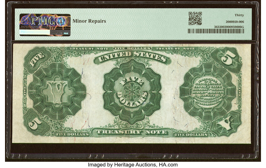 image for: Fr. 363 $5 1891 Treasury Note PMG Very Fine 30....