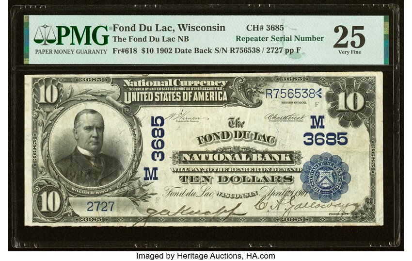 image for: Fond Du Lac, WI - $10 1902 Date Back Fr. 618 The Fond Du Lac National Bank Ch. # (M)3685 PMG Very Fine 25....