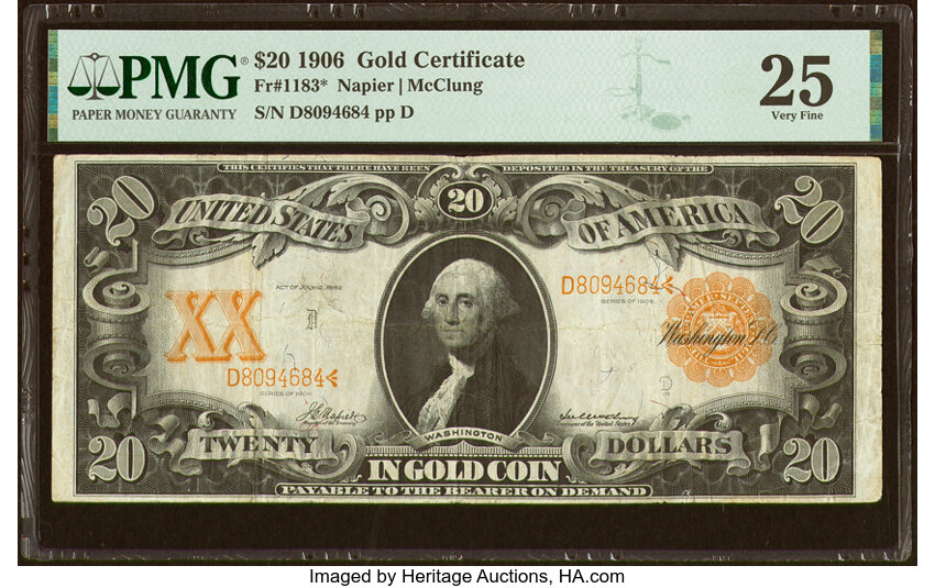 image for: Fr. 1183 $20 1906 Gold Certificate PMG Very Fine 25....