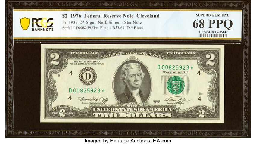 image for: Fr. 1935-D* $2 1976 Federal Reserve Star Note. PCGS Banknote Superb Gem Unc 68 PPQ....