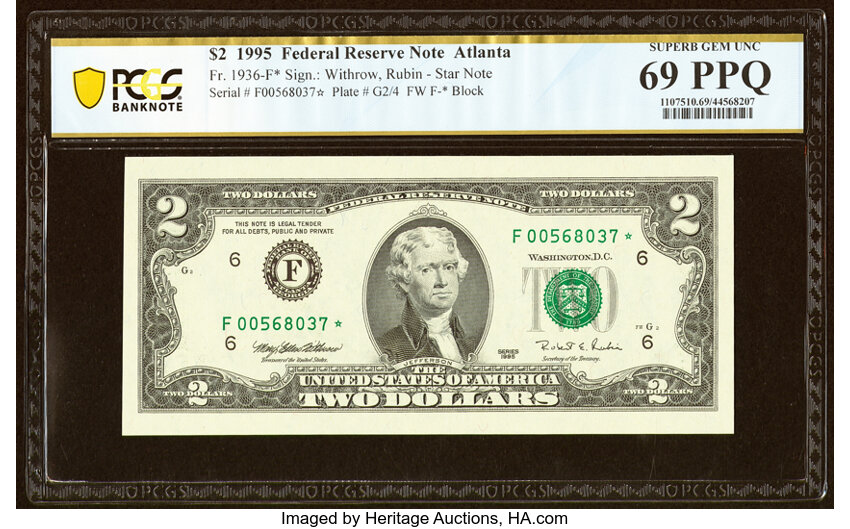 image for: Fr. 1936-F* $2 1995 Federal Reserve Star Note. PCGS Banknote Superb Gem Unc 69 PPQ....