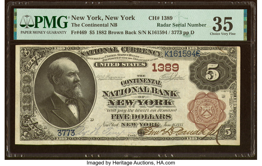 image for: New York, NY - $5 1882 Brown Back Fr. 469 The Continental National Bank Ch. # 1389 PMG Choice Very Fine 35....
