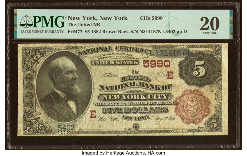 image for: New York, NY - $5 1882 Brown Back Fr. 477 The United National Bank Ch. # (E)5990 PMG Very Fine 20....