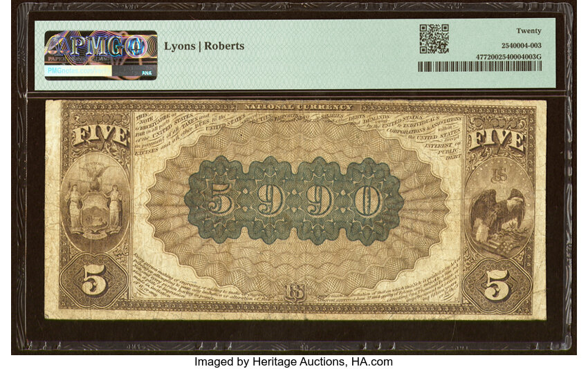image for: New York, NY - $5 1882 Brown Back Fr. 477 The United National Bank Ch. # (E)5990 PMG Very Fine 20....