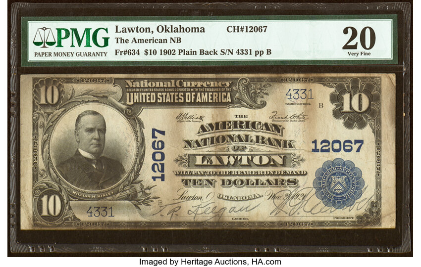 image for: Lawton, OK - $10 1902 Plain Back Fr. 634 The American National Bank Ch. # 12067 PMG Very Fine 20....