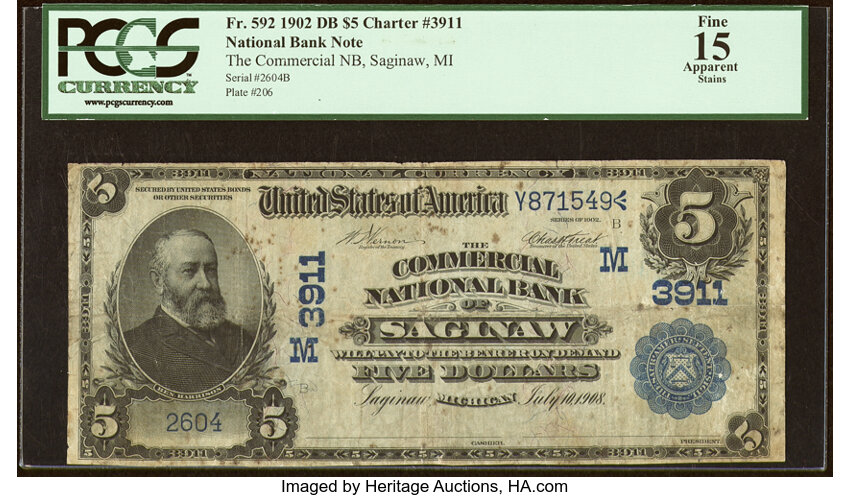 image for: Saginaw, MI - $5 1902 Date Back Fr. 592 The Commercial National Bank Ch. # (M)3911 PCGS Apparent Fine 15....
