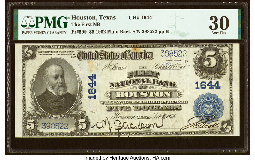 image for: Houston, TX - $5 1902 Plain Back Fr. 599 The First National Bank Ch. # 1644 PMG Very Fine 30....