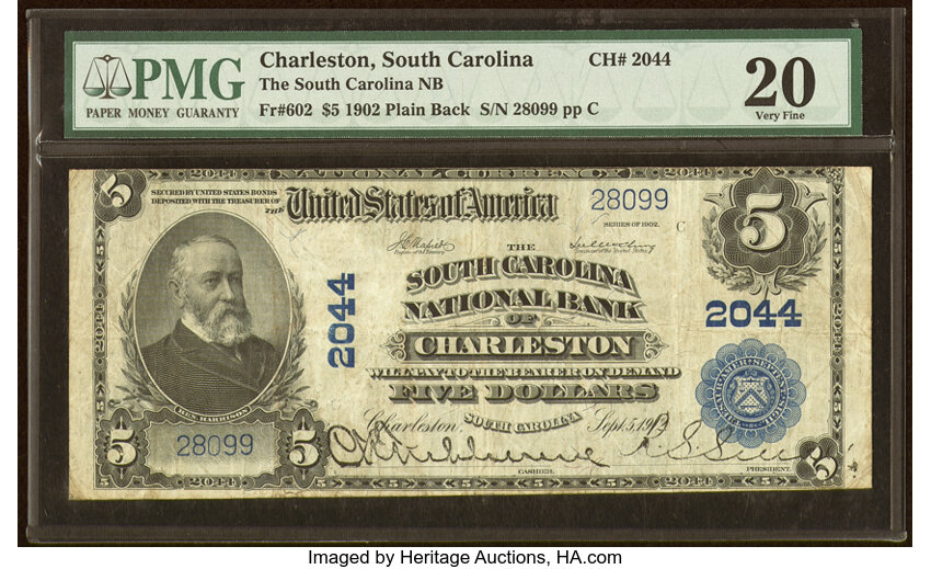 image for: Charleston, SC - $5 1902 Plain Back Fr. 602 The South Carolina National Bank Ch. # 2044 PMG Very Fine 20....