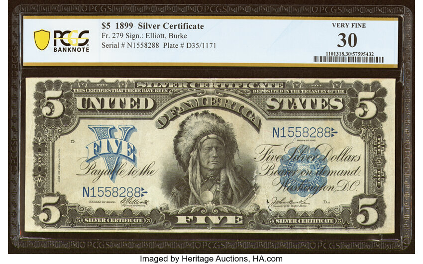 image for: Fr. 279 $5 1899 Silver Certificate PCGS Banknote Very Fine 30....