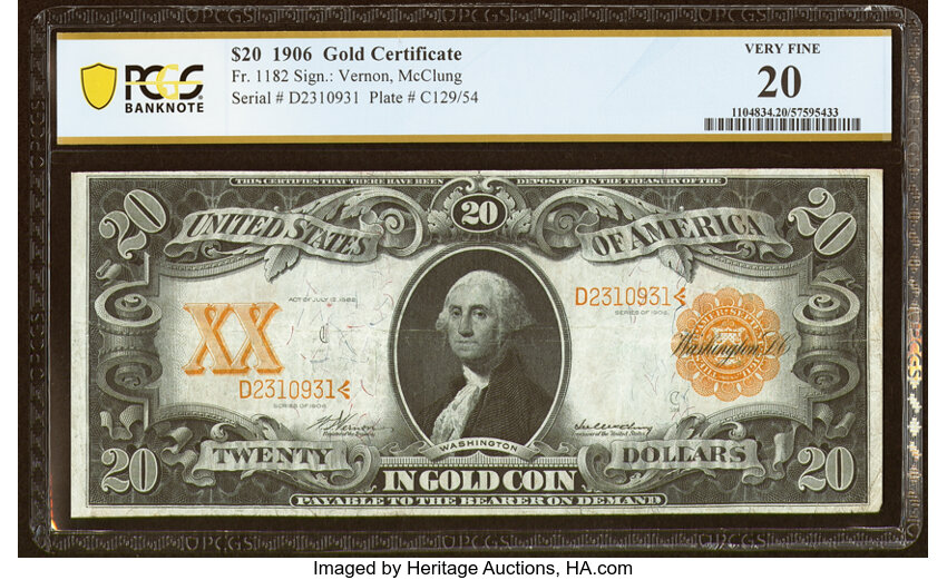 image for: Fr. 1182 $20 1906 Gold Certificate PCGS Banknote Very Fine 20....