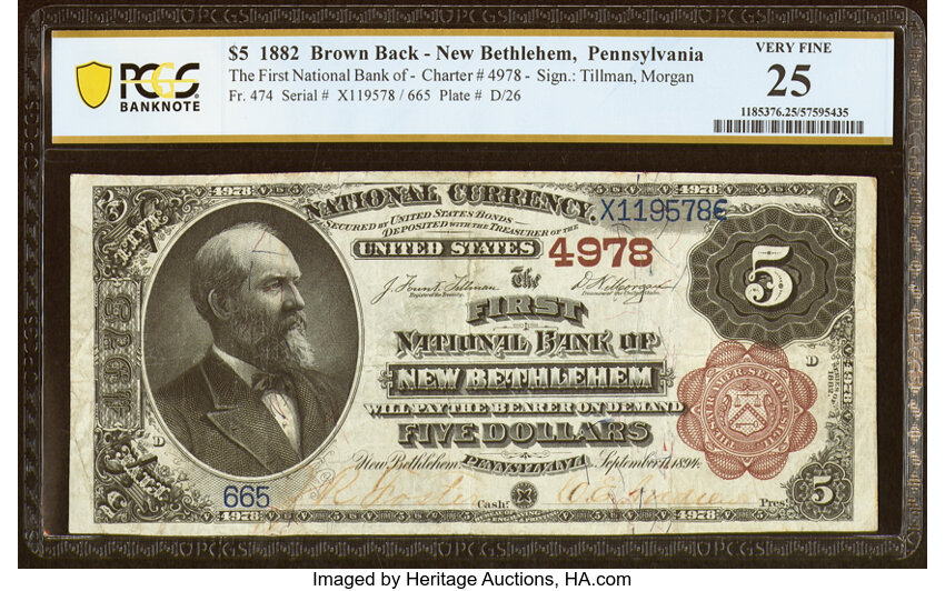 image for: New Bethlehem, PA - $5 1882 Brown Back Fr. 474 The First National Bank Ch. # 4978 PCGS Banknote Very Fine 25....
