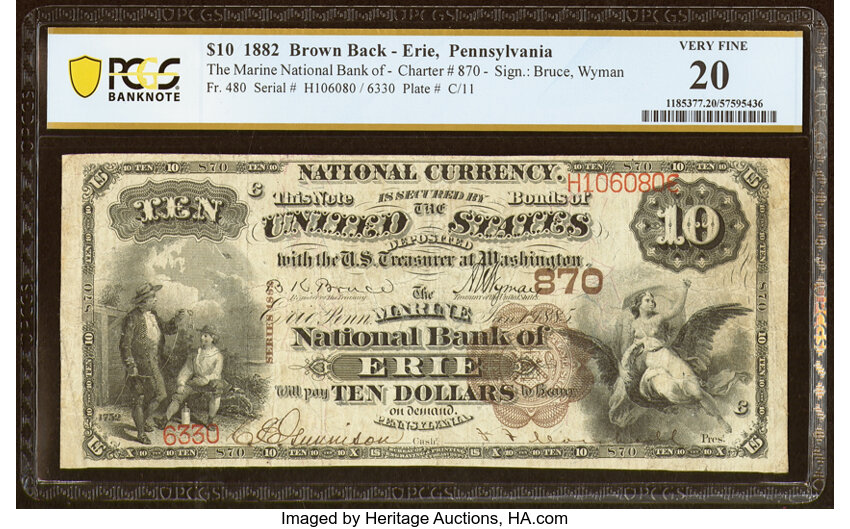 image for: Erie, PA - $10 1882 Brown Back Fr. 480 The Marine National Bank Ch. # 870 PCGS Banknote Very Fine 20....