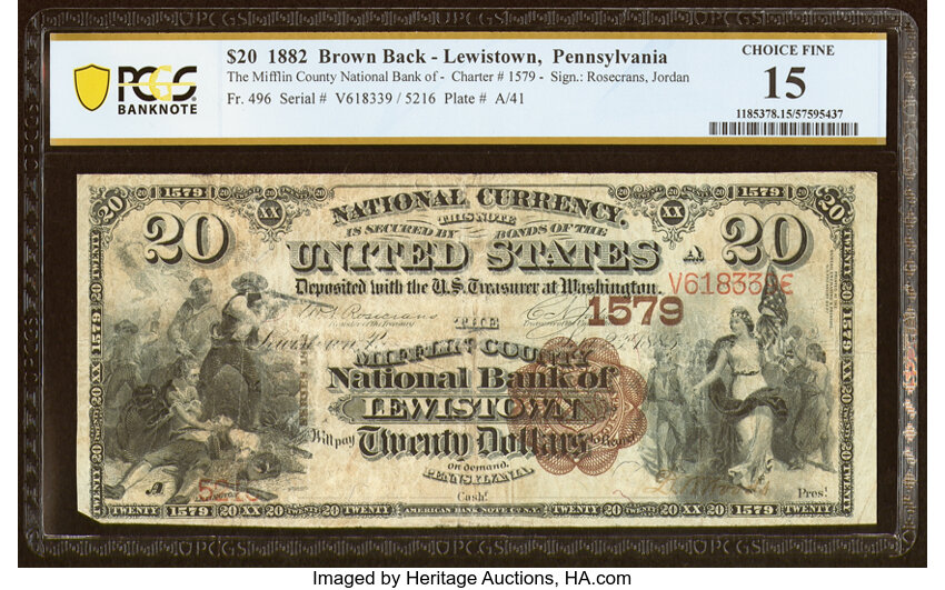 image for: Lewistown, PA - $20 1882 Brown Back Fr. 496 The Mifflin County National Bank Ch. # 1579 PCGS Banknote Choice Fine 15....