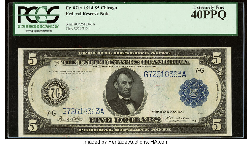 image for: Fr. 871a $5 1914 Federal Reserve Note PCGS Extremely Fine 40PPQ....