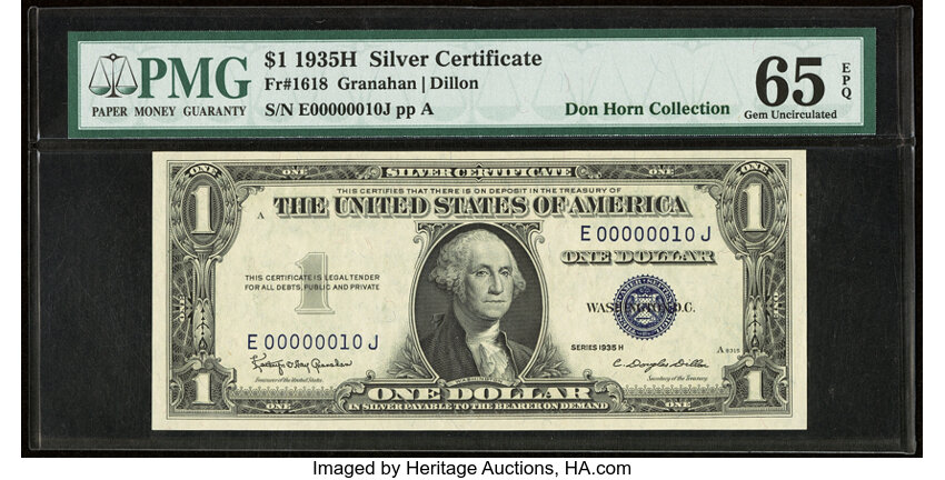 image for: Low Serial Number 10 Fr. 1618 $1 1935H Silver Certificate. PMG Gem Uncirculated 65 EPQ....
