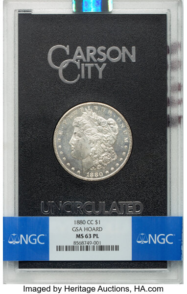 image for: 1880-CC $1 GSA MS63 Prooflike NGC. Box and COA Included.  CDN: $865 Whsle. Bid for NGC/PCGS MS63. Mintage 591,000....
