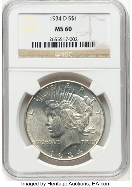 1934-D $1 MS60 NGC. NGC Census: 82 in 60, 4891 finer (9/25). CDN: $110 Whsle. Bid for NGC/PCGS MS60. Mintage 1,569,500. ...