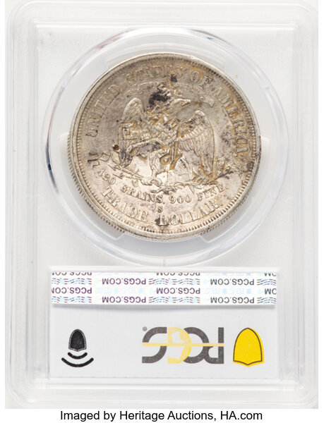 image for: 1876-S T$1 Chop Mark, Type One Obverse, Type One Reverse, XF45 PCGS. Large S. PCGS Population: 33 in 45, 245 finer (10/25)....