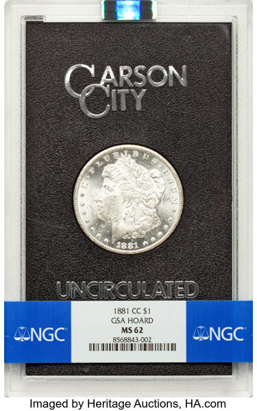 1881-CC $1 GSA MS62 NGC. Box and COA Included. CDN: $700 Whsle. Bid for NGC/PCGS MS62. Mintage 296,000....