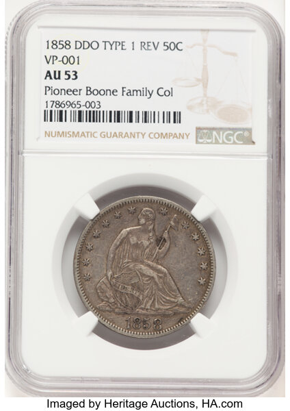 image for: 1858 50C Doubled Die Obverse, WB-102, FS-101, Die Pair 1, R.3, AU53 NGC. Ex: Pioneer Boone Family Collection. VP-001. Type ...