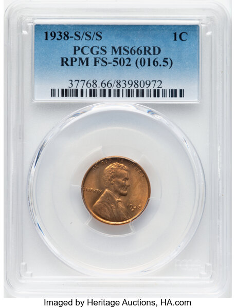 image for: 1938-S/S/S 1C Repunched Mintmark, FS-502, MS66 Red PCGS. Formerly FS-016.5.  CDN: $150 Whsle. Bid for NGC/PCGS MS66....