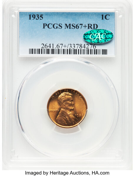 1935 1C MS67+ Red PCGS. CAC. CAC: 156 in 67, 3 finer (9/25). CDN: $140 Whsle. Bid for NGC/PCGS MS67. Mintage 245,388,000. ...