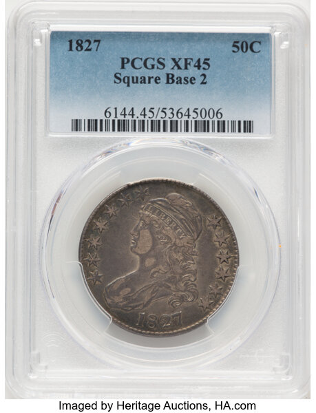 image for: 1827 50C Square Base 2, O-107, R.3, XF45 PCGS.  CDN: $190 Whsle. Bid for NGC/PCGS XF45. Mintage 5,493,400....
