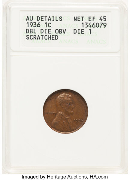 image for: 1936 1C Doubled Die Obverse, FS-101  -- Scratched -- ANACS Details. AU Details, Net XF45. Die 1. Housed in a small-sized ho...