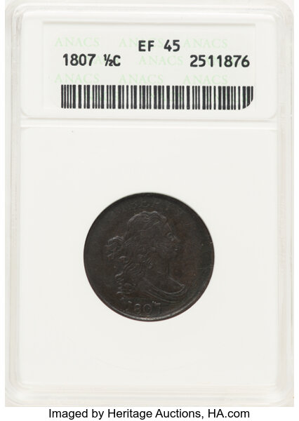 image for: 1807 1/2 C C-1, B-1, R.1, XF45 ANACS. Housed in a small-sized holder.  Mintage 476,000....