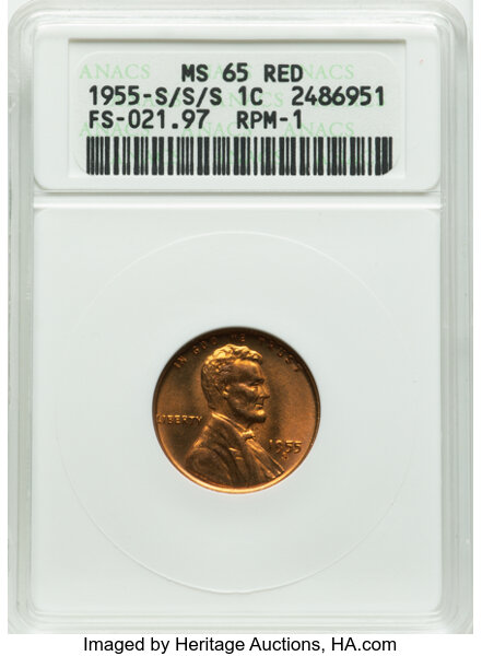 image for: 1955-S/S/S 1C Repunched Mintmark, FS-501, MS65 Red ANACS. Formerly FS-021.97. RPM-1. Housed in a small-sized holder.  Minta...