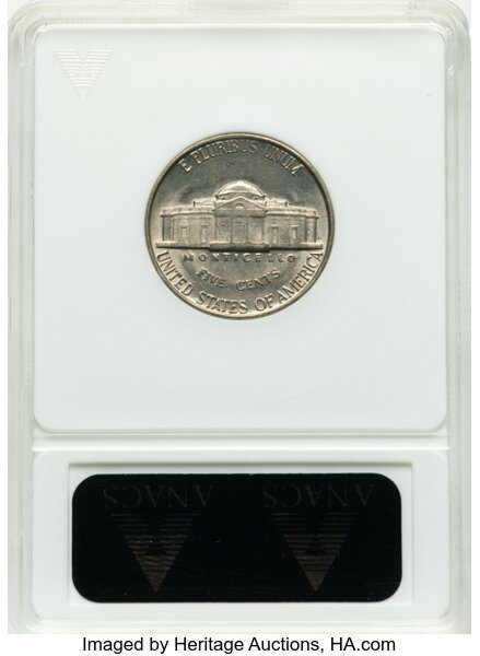 image for: 1939 5C Doubled Monticello, Reverse of 1940, FS-801, MS62 ANACS. Die 1. Formerly FS-022. Housed in a small-sized holder....