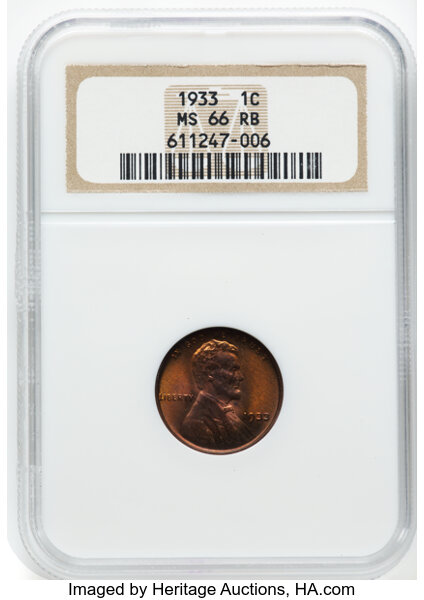 image for: 1933 1C MS66 Red and Brown NGC. NGC Census: 14 in 66 (1 in 66+, 1 in 66*), 1 finer (10/25). CDN: $100 Whsle. Bid for NGC/PC...