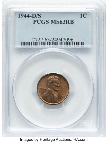 image for: 1944-D/S 1C FS-512 MS63 Red and Brown PCGS. CDN: $375 Whsle. Bid for NGC/PCGS MS63. Mintage 430,578,000....